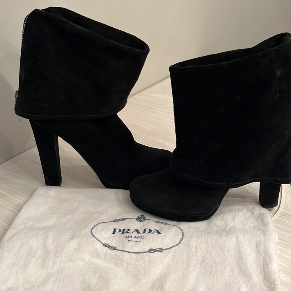 Prada black suede convertible fold down bootie. Size 38.5 (euro)/ size 8.5 (USA)
